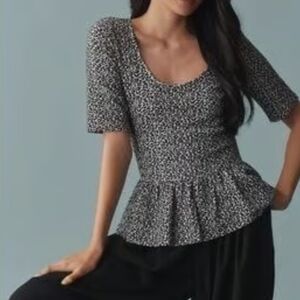Maeve Black and White Patterned Peplum Blouse